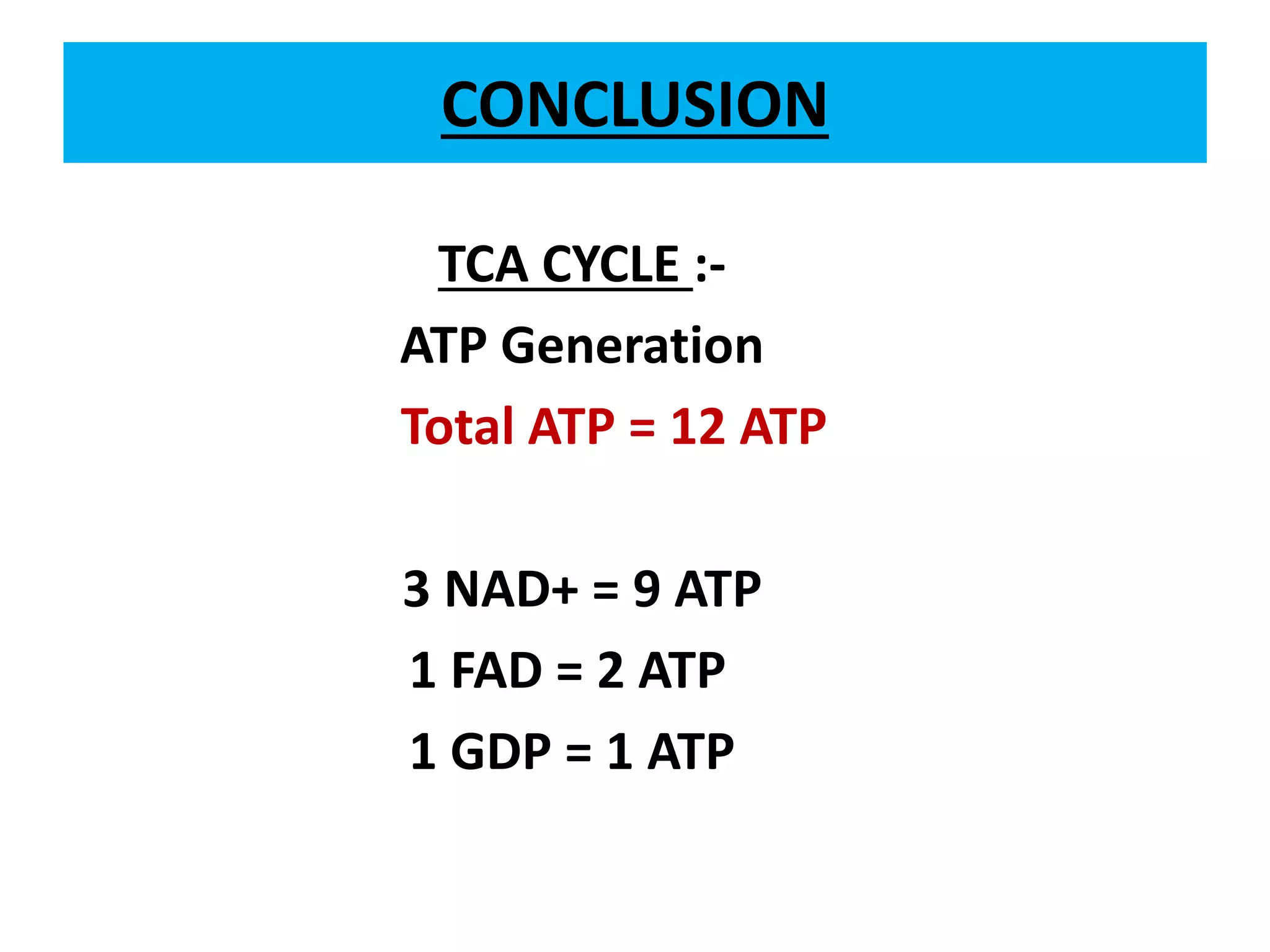CONCLUSION
TCA CYCLE :-
ATP Generation
Total ATP = 12 ATP
3 NAD+ = 9 ATP
1 FAD = 2 ATP
1 GDP = 1 ATP
 
