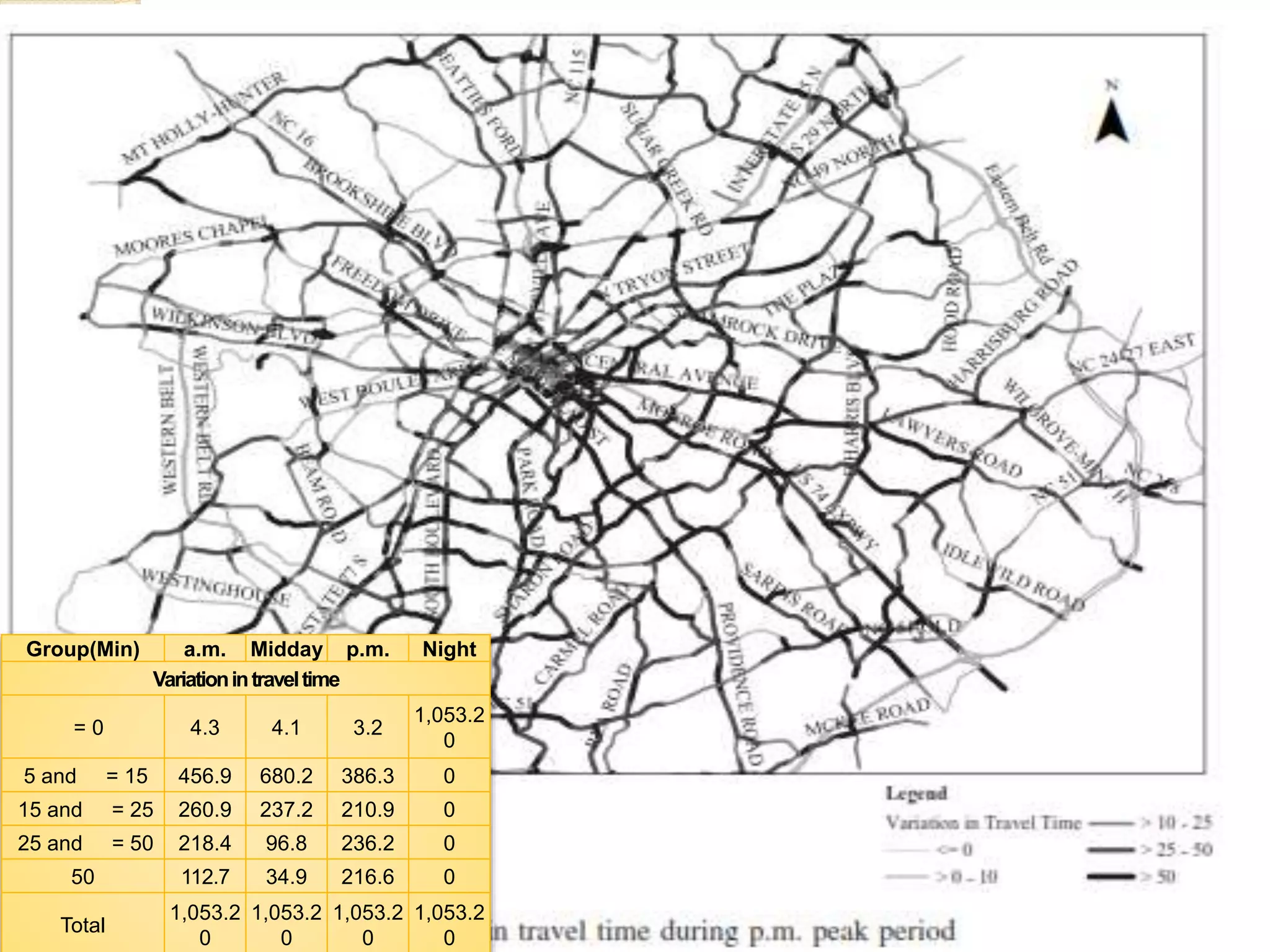 Group(Min) a.m. Midday p.m. Night 
Variation in travel time 
= 0 4.3 4.1 3.2 
1,053.2 
0 
5 and = 15 456.9 680.2 386.3 0 
15 and = 25 260.9 237.2 210.9 0 
25 and = 50 218.4 96.8 236.2 0 
50 112.7 34.9 216.6 0 
Total 
1,053.2 
0 
1,053.2 
0 
1,053.2 
0 
1,053.2 
0 
 