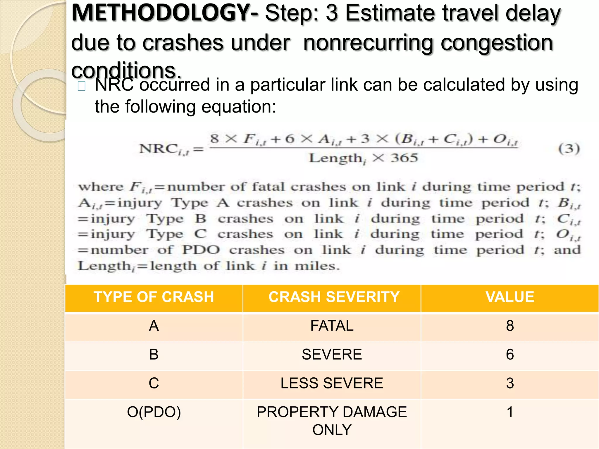METHODOLOGY- Step: 3 Estimate travel delay 
due to crashes under nonrecurring congestion 
conditions. 
NRC occurred in a particular link can be calculated by using 
the following equation: 
TYPE OF CRASH CRASH SEVERITY VALUE 
A FATAL 8 
B SEVERE 6 
C LESS SEVERE 3 
O(PDO) PROPERTY DAMAGE 
ONLY 
1 
 