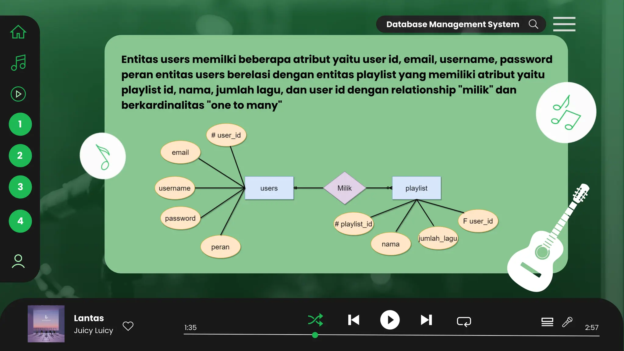1
Entitas users memilki beberapa atribut yaitu user id, email, username, password
peran entitas users berelasi dengan entitas playlist yang memiliki atribut yaitu
playlist id, nama, jumlah lagu, dan user id dengan relationship "milik" dan
berkardinalitas "one to many"
2
3
4
Lantas
Juicy Luicy 1:35 2:57
Database Management System
 
