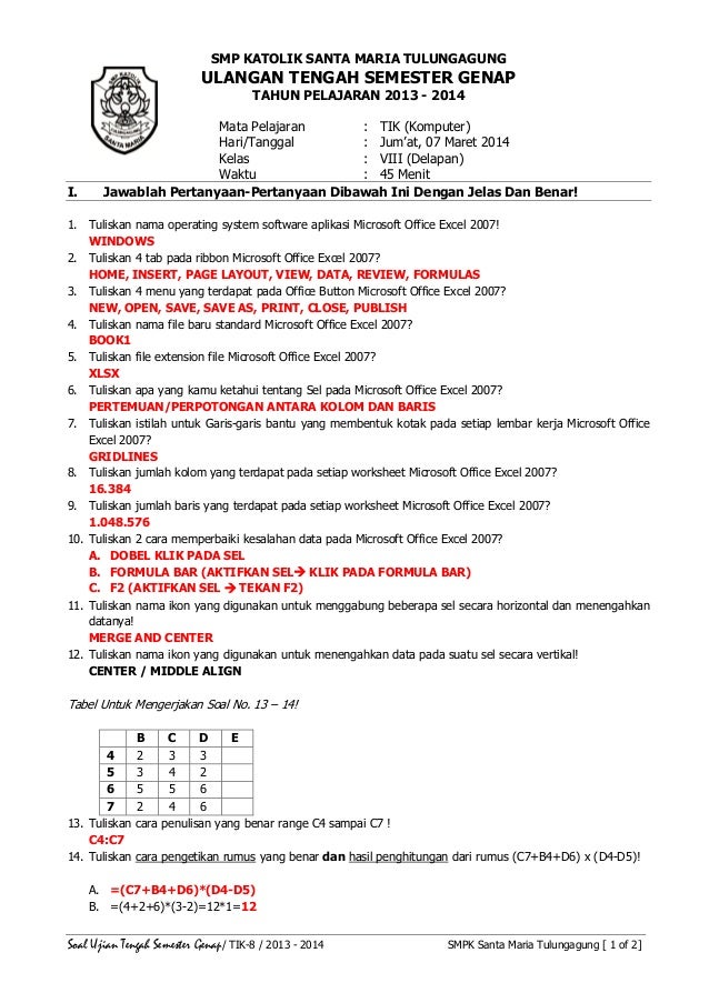 PEMBAHASAN UTS GENAP KELAS 8_MICROSOFT EXCEL 2007