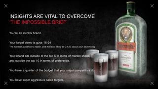 INSIGHTS ARE VITAL TO OVERCOME
‘THE IMPOSSIBLE BRIEF’
You’re an alcohol brand.
Your target demo is guys 18-24
The hardest audience to reach, and the least likely to G.A.S. about your advertising
Your brand sits outside of the top 5 in terms of market share,
and outside the top 10 in terms of preference.
You have a quarter of the budget that your major competitors do.
You have super aggressive sales targets.
 