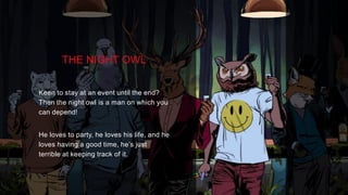 TASK
Launch the Strange But True platform within the AU market socially, extending upon the master
creative supplied by GPY&R.
THE NIGHT OWL
Keen to stay at an event until the end?
Then the night owl is a man on which you
can depend!
He loves to party, he loves his life, and he
loves having a good time, he’s just
terrible at keeping track of it.
 