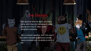 TASK
Launch the Strange But True platform within the AU market socially, extending upon the master
creative supplied by GPY&R.
THE DODGER
He’s good at what he does, and that’s
more often than not managing to avoid
paying for a round, often at the
wingman’s expense.
He’s a smooth operator, and if he wasn’t
so damn interesting, everyone would
have a problem with his ability to shirk a
bill.
 