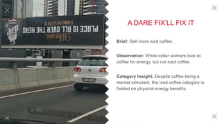 A DARE FIX’LL FIX IT
Brief: Sell more iced coffee.
Observation: White collar workers look to
coffee for energy, but not iced coffee.
Category Insight: Despite coffee being a
mental stimulant, the iced coffee category is
fixated on physical energy benefits.
 
