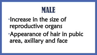MALE
•Increase in the size of
reproductive organs
•Appearance of hair in pubic
area, axillary and face
 