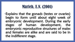 Marieb, E.N. (2001)
•Explains that the gonads (testes or ovaries)
begin to form until about eight week of
embryonic development. During the early
stages of human development, the
embryonic reproductive structures of males
and females are alike and are said to be in
the indifferent stage.
 