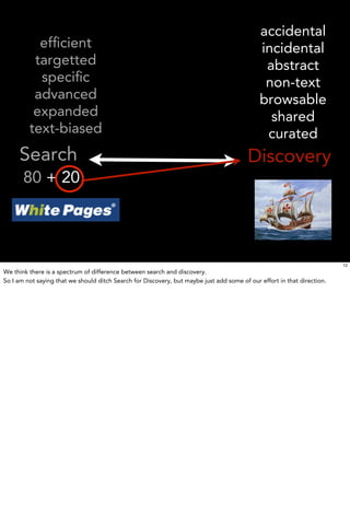 accidental
           efﬁcient                                                                          incidental
          targetted                                                                           abstract
           speciﬁc                                                                            non-text
          advanced                                                                           browsable
          expanded                                                                             shared
         text-biased                                                                          curated
     Search                                                                              Discovery
       80 + 20




                                                                                                                         12
We think there is a spectrum of difference between search and discovery.
So I am not saying that we should ditch Search for Discovery, but maybe just add some of our effort in that direction.
 