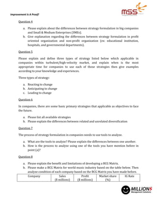 Improvement Is A Proof!
Question 4
a. Please explain about the differences between strategy formulation in big companies
and Small & Medium Enterprises (SMEs).
b. Give explanation regarding the differences between strategy formulation in profit
oriented organization and non-profit organization (ex: educational institution,
hospitals, and governmental departments).
Question 5
Please explain and define three types of strategy listed below which applicable in
companies within turbulent/high-velocity market, and explain when is the most
appropriate time for companies to use each of those strategies then give examples
according to your knowledge and experiences.
Three types of strategy:
a. Reacting to change
b. Anticipating to change
c. Leading to change
Question 6
In companies, there are some basic primary strategies that applicable as objectives to face
the future.
a. Please list all available strategies
b. Please explain the differences between related and unrelated diversification
Question 7
The process of strategy formulation in companies needs to use tools to analyze.
a. What are the tools to analyze? Please explain the differences between one another.
b. How is the process to analyze using one of the tools you have mention before in
point (a)?
Question 8
a. Please explain the benefit and limitations of developing a BCG Matrix.
b. Please make a BCG Matrix for world music industry based on the table below. Then
analyze condition of each company based on the BCG Matrix you have made before.
Company Sales
($ millions)
Profit
($ millions)
Market share
(%)
IG Rate
 
