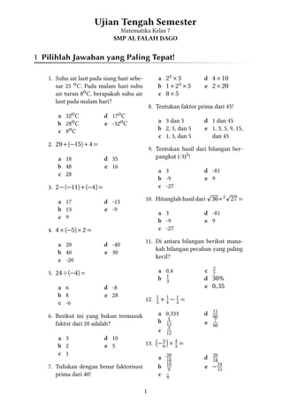 Uts Matematika Kelas 7 Smp Al Falah Dago