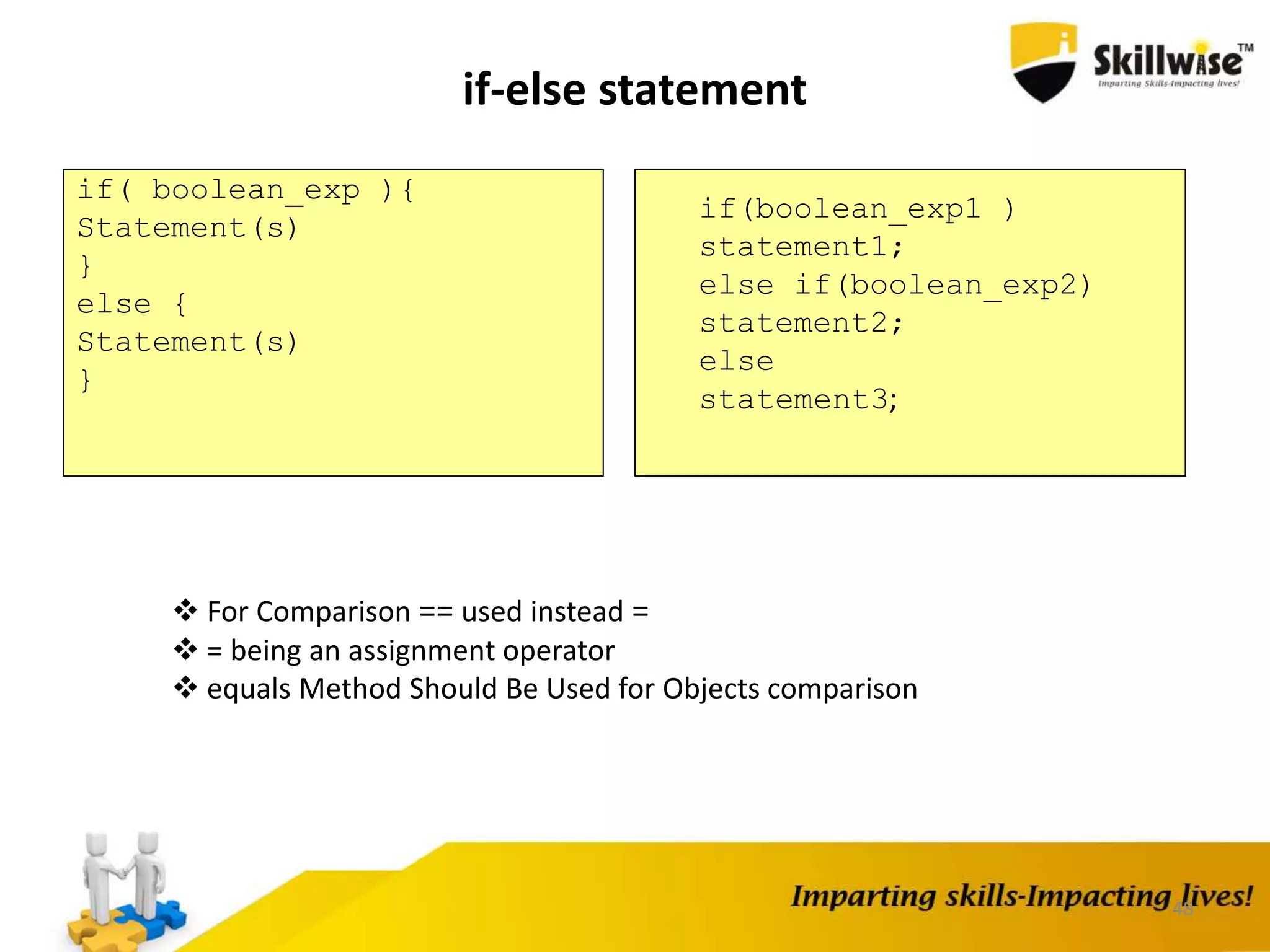 48
if-else statement
if( boolean_exp ){
Statement(s)
}
else {
Statement(s)
}
if(boolean_exp1 )
statement1;
else if(boolean_exp2)
statement2;
else
statement3;
 For Comparison == used instead =
 = being an assignment operator
 equals Method Should Be Used for Objects comparison
 