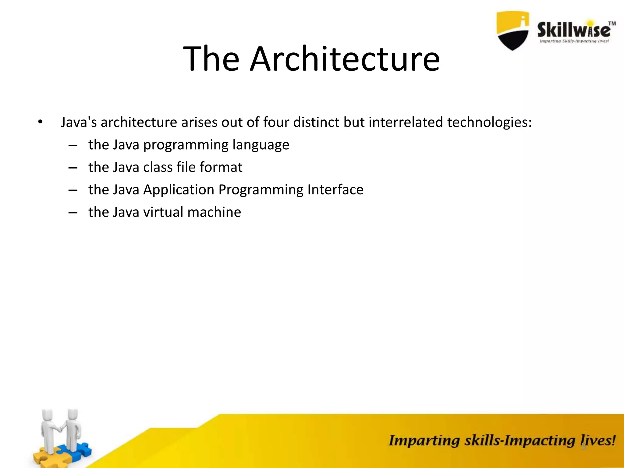 5
The Architecture
• Java's architecture arises out of four distinct but interrelated technologies:
– the Java programming language
– the Java class file format
– the Java Application Programming Interface
– the Java virtual machine
 