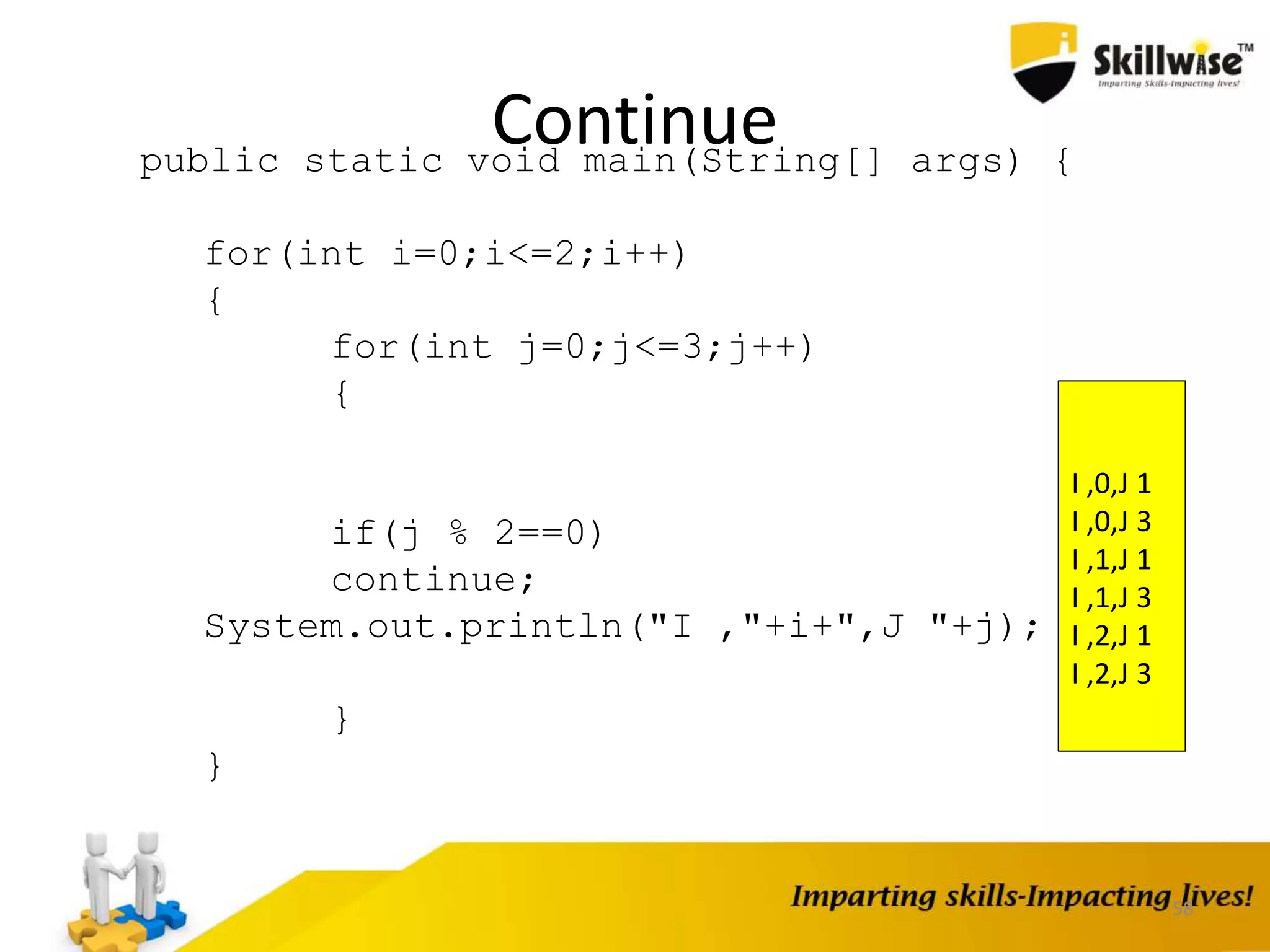Continuepublic static void main(String[] args) {
for(int i=0;i<=2;i++)
{
for(int j=0;j<=3;j++)
{
if(j % 2==0)
continue;
System.out.println("I ,"+i+",J "+j);
}
}
58
I ,0,J 1
I ,0,J 3
I ,1,J 1
I ,1,J 3
I ,2,J 1
I ,2,J 3
 