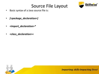 Source File Layout
• Basic syntax of a Java source file is:
• [<package_declaration>]
• <import_declaration>*
• <class_declaration>+
28
 
