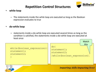 53
Repetition Control Structures
• while-loop
– The statements inside the while loop are executed as long as the Boolean
expression evaluates to true
• do-while loop
– statements inside a do-while loop are executed several times as long as the
condition is satisfied, the statements inside a do-while loop are executed at
least once
while(boolean_expression){
statement1;
statement2;
}
do{
statement1;
statement2;
}while(boolean_expression);
Watch
this
 