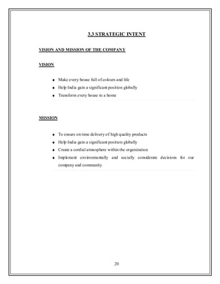 20
3.3 STRATEGIC INTENT
VISION AND MISSION OF THE COMPANY
VISION
Make every house full of colours and life
Help India gain a significant position globally
Transform every house to a home
MISSION
To ensure on time delivery of high quality products
Help India gain a significant position globally
Create a cordial atmosphere within the organization
Implement environmentally and socially considerate decisions for our
company and community
 