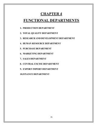 26
CHAPTER 4
FUNCTIONAL DEPARTMENTS
1. PRODUCTION DEPARTMENT
2. TOTAL QUALITY DEPARTMENT
3. RESEARCH AND DEVELOPMENT DEPARTMENT
4. HUMAN RESOURCE DEPARTMENT
5. PURCHASE DEPARTMENT
6. MARKETING DEPARTMENT
7. SALES DEPARTMENT
8. CENTRAL EXCISE DEPARTMENT
9. EXPORT IMPORT DEPARTMENT
10.FINANCE DEPARTMENT
 