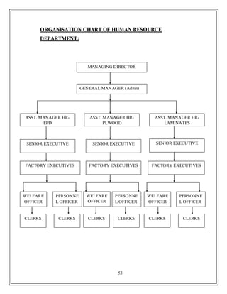 53
ORGANISATION CHART OF HUMAN RESOURCE
DEPARTMENT:
MANAGING DIRECTOR
GENERAL MANAGER (Admn)
ASST. MANAGER HR-
LAMINATES
WELFARE
OFFICER
PERSONNE
L OFFICER
FACTORY EXECUTIVES
CLERKS
ASST. MANAGER HR-
EPD
ASST. MANAGER HR-
PLWOOD
SENIOR EXECUTIVE SENIOR EXECUTIVESENIOR EXECUTIVE
CLERKS
FACTORY EXECUTIVES FACTORY EXECUTIVES
WELFARE
OFFICER
WELFARE
OFFICER
PERSONNE
L OFFICER
PERSONNE
L OFFICER
CLERKS CLERKS CLERKS CLERKS
 