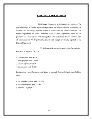 78
4.10 FINANCE DEPARTMENT
The Finance Department is the heart of any company. The
general Manager of finance heads this Department. The responsibility for maintaining the
accounts and exercising financial control is vested with the Finance Manager. The
finance department has direct interaction with all other departments since all the
payments and collections are made through here. This Department follows a written form
of communication. All Department payments and receipts are finally reported to the
Finance Department.
GIL follow double accounting system and also maintain
four types of journals. They are;
1. Cash payment book (CPB)
2. Bank payment book (BPB)
3. Cash receipt book (CRB)
4. Bank receipt book (BRB)
For these four types of journals, a sub ledger is prepared. This sub ledger is classified into
three;
a. Accounts Receivable Books (ARB)
b. Accounts Payable Book (APB)
c. Personal Ledger (PL)
 