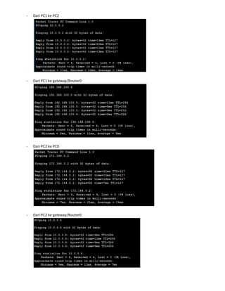 - Dari PC1 ke PC2
- Dari PC1 ke gateway/Router0
- Dari PC2 ke PC0
- Dari PC2 ke gateway/Router0
 