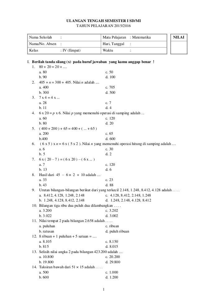 Soal Pts Matematika Kls 4 K13 Juragan Les