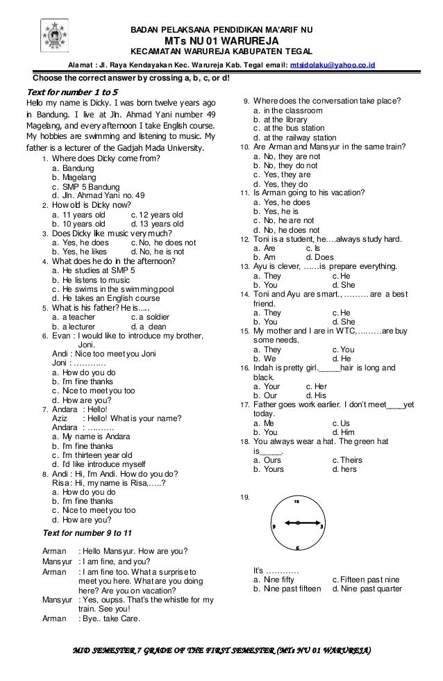 Soal Mid Semester Kelas 7 8 9 Mts