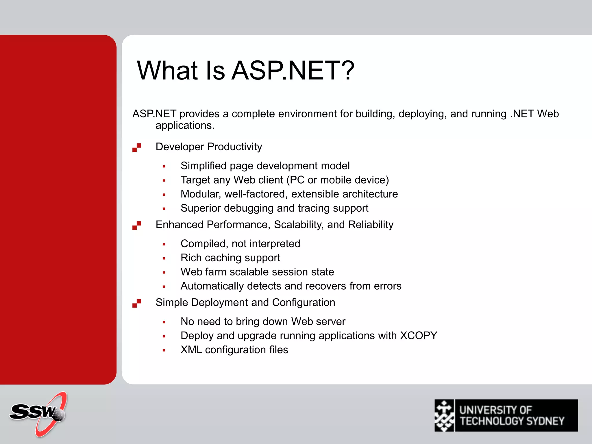  Some cool new ASP.NET 2 Server Controlshttp://sharepoint.ssw.com.au/Training/UTSNET/Part 1: .NET WinformsOverview of .NETData in FormsUsability - Rules to Better Windows FormsDeployment and Security of Windows FormsWeb Services and ThreadingThe 10 SessionsFirst 5 – Done – Winforms