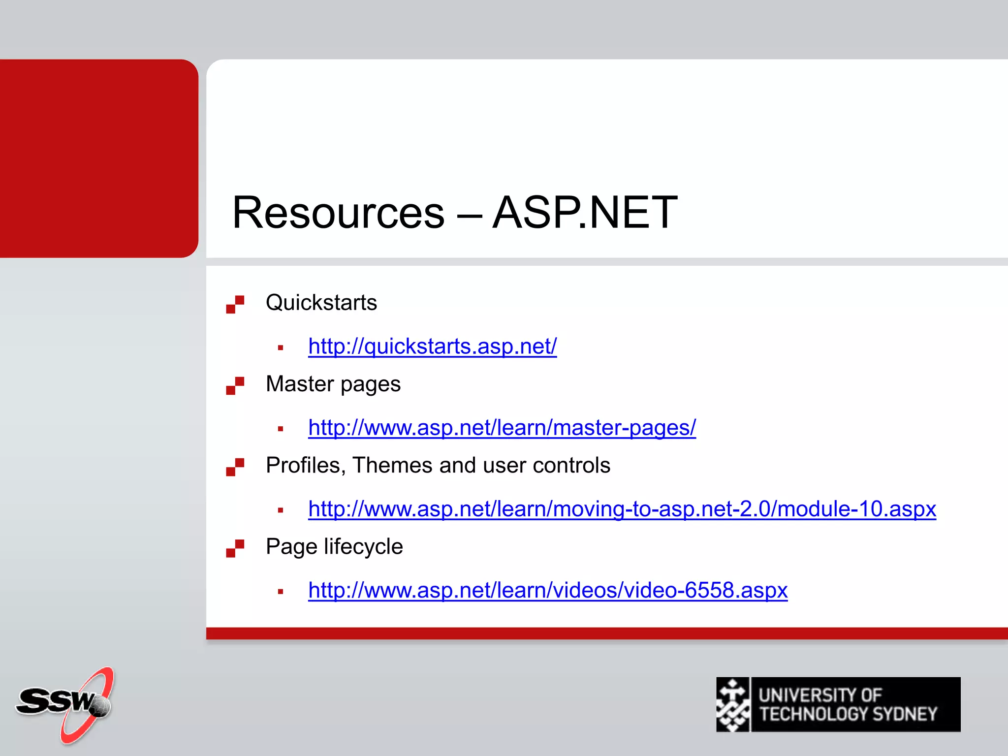 ASP.NET 2: Themes & SkinsWhat is a skin file?A skin file has the file name extension .skinBelongs to a certain themeContains property settings for individual controlsContains settings for server controls only