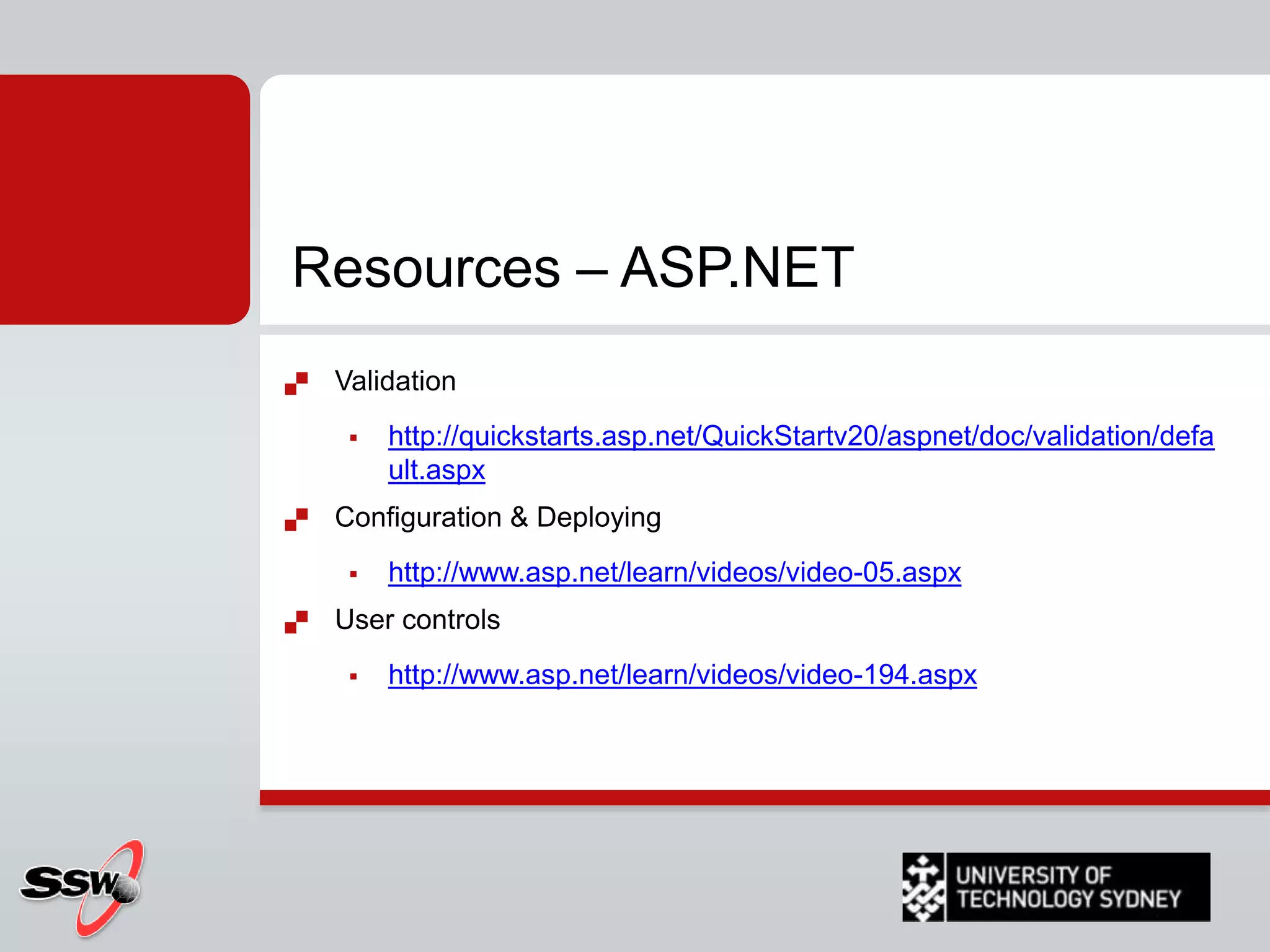 ASP.NET 2: Themes & SkinsFor Example:<asp:button ID=“btnNew”With css (before skin files were around):<asp:button ID=“btnNew”runat=“server”cssclass=“blueBlackButton”/>.blueBlackButton {Background:lightblue;Color:Black; }