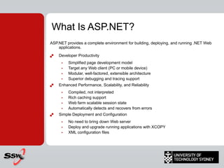  Some cool new ASP.NET 2 Server Controlshttp://sharepoint.ssw.com.au/Training/UTSNET/Part 1: .NET WinformsOverview of .NETData in FormsUsability - Rules to Better Windows FormsDeployment and Security of Windows FormsWeb Services and ThreadingThe 10 SessionsFirst 5 – Done – Winforms