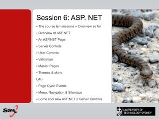 Show users where they areAgendaThe course ten sessions – Overview so farOverview of ASP.NETAn ASP.NET PageServer ControlsUser ControlsValidationMaster PagesThemes & skinsLABPage Cycle EventsMenu, Navigation & SitemapsSome cool new ASP.NET 2 Server Controls
