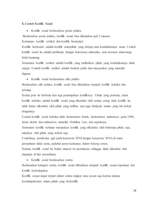 14
K.Contoh Konflik Sosial
 Konflik sosial berdasarkan posisi pelaku
Berdasarkan posisi pelaku, konflik sosial bisa dibedakan jadi 2 macam.
Keduanya: konflik vertikal dan konflik horizontal.
Konflik horizontal adalah konflik antarpihak yang derajat atau kedudukannya sama. Contoh
konflik sosial ini adalah pertikaian dengan kekerasan antarsuku, atau tawuran antarwarga
beda kampung.
Sementara konflik vertikal adalah konflik yang melibatkan pihak yang kedudukannya tidak
sejajar. Contoh konflik vertikal adalah bentrok polisi dan masyarakat yang menolak
digusur.
 Konflik sosial berdasarkan sifat pelaku
Berdasarkan sifat pelaku, konflik sosial bisa dibedakan menjadi konflik terbuka dan
tertutup.
Kedua jenis ini berbeda dari segi penampakan konfliknya. Untuk yang pertama, yakni
konflik terbuka, adalah konflik sosial yang diketahui oleh semua orang. Jadi, konflik itu
tidak hanya diketahui oleh pihak yang terlibat, tapi juga khalayak umum yang tak terkait
dengannya.
Contoh konflik sosial terbuka ialah demonstrasi buruh, demonstrasi mahasiswa pada 1998,
demo aktivis dan mahasiswa menolak Omnibus Law, dan sejenisnya.
Sementara konflik tertutup merupakan konflik yang diketahui oleh beberapa pihak saja,
misalnya oleh pihak yang terkait saja.
Contohnya, pemberian gaji pada karyawan WNI dengan karyawan WNA di suatu
perusahaan tidak sama, padahal peran keduanya dalam bekerja setara.
Namun, konflik sosial ini belum muncul ke permukaan sehingga tidak diketahui oleh
siapapun di luar perusahaan.
 Konflik sosial berdasarkan waktu
Berdasarkan kategori waktu, konflik sosial dibedakan menjadi konflik sesaat (spontan) dan
konflik berkelanjutan.
Konflik sesaat dapat terjadi dalam waktu singkat atau sesaat saja karena adanya
kesalahpahaman antara pihak yang berkonflik.
 