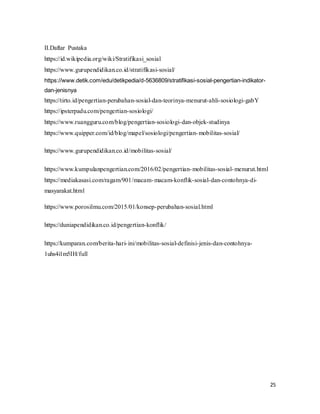 25
II.Daftar Pustaka
https://id.wikipedia.org/wiki/Stratifikasi_sosial
https://www.gurupendidikan.co.id/stratifikasi-sosial/
https://www.detik.com/edu/detikpedia/d-5636809/stratifikasi-sosial-pengertian-indikator-
dan-jenisnya
https://tirto.id/pengertian-perubahan-sosial-dan-teorinya-menurut-ahli-sosiologi-gabY
https://ipsterpadu.com/pengertian-sosiologi/
https://www.ruangguru.com/blog/pengertian-sosiologi-dan-objek-studinya
https://www.quipper.com/id/blog/mapel/sosiologi/pengertian-mobilitas-sosial/
https://www.gurupendidikan.co.id/mobilitas-sosial/
https://www.kumpulanpengertian.com/2016/02/pengertian-mobilitas-sosial-menurut.html
https://mediakasasi.com/ragam/901/macam-macam-konflik-sosial-dan-contohnya-di-
masyarakat.html
https://www.porosilmu.com/2015/01/konsep-perubahan-sosial.html
https://duniapendidikan.co.id/pengertian-konflik/
https://kumparan.com/berita-hari-ini/mobilitas-sosial-definisi-jenis-dan-contohnya-
1uhs4i1m5IH/full
 