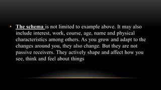 • The schema is not limited to example above. It may also
include interest, work, course, age, name and physical
characteristics among others. As you grow and adapt to the
changes around you, they also change. But they are not
passive receivers. They actively shape and affect how you
see, think and feel about things
 