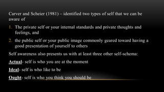 Carver and Scheier (1981) – identified two types of self that we can be
aware of
1. The private self or your internal standards and private thoughts and
feelings, and
2. the public self or your public image commonly geared toward having a
good presentation of yourself to others
Self awareness also presents us with at least three other self-schema:
Actual- self is who you are at the moment
Ideal- self is who like to be
Ought- self is who you think you should be
 
