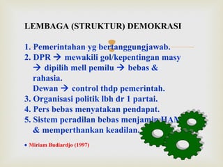 LEMBAGA (STRUKTUR) DEMOKRASI



1. Pemerintahan yg bertanggungjawab.
2. DPR  mewakili gol/kepentingan masy
 dipilih mell pemilu  bebas &
rahasia.
Dewan  control thdp pemerintah.
3. Organisasi politik lbh dr 1 partai.
4. Pers bebas menyatakan pendapat.
5. Sistem peradilan bebas menjamin HAM
& memperthankan keadilan.
• Miriam Budiardjo (1997)

 