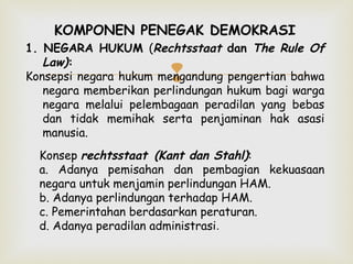 KOMPONEN PENEGAK DEMOKRASI

1. NEGARA HUKUM (Rechtsstaat dan The Rule Of
Law):
Konsepsi negara hukum mengandung pengertian bahwa
negara memberikan perlindungan hukum bagi warga
negara melalui pelembagaan peradilan yang bebas
dan tidak memihak serta penjaminan hak asasi
manusia.



Konsep rechtsstaat (Kant dan Stahl):
a. Adanya pemisahan dan pembagian kekuasaan
negara untuk menjamin perlindungan HAM.
b. Adanya perlindungan terhadap HAM.
c. Pemerintahan berdasarkan peraturan.
d. Adanya peradilan administrasi.

 