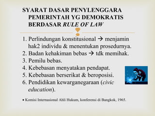 SYARAT DASAR PENYLENGGARA
PEMERINTAH YG DEMOKRATIS
BERDASAR RULE OF LAW

  menjamin
1. Perlindungan konstitusional
hak2 individu & menentukan prosedurnya.
2. Badan kehakiman bebas  tdk memihak.
3. Pemilu bebas.
4. Kebebasan menyatakan pendapat.
5. Kebebasan berserikat & beroposisi.
6. Pendidikan kewarganegaraan (civic
education).
• Komisi Internasional Ahli Hukum, konferensi di Bangkok, 1965.

 