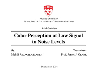 Color Perception at Low Signal
to Noise Levels
By:
Mehdi REZAGHOLIZADEH
MCGILL UNIVERSITY
DEPARTMENT OF ELECTRICAL AND COMPUTER ENGINEERING
Supervisor:
Prof. James J. CLARK
Brief Overview
DECEMBER 2014
 