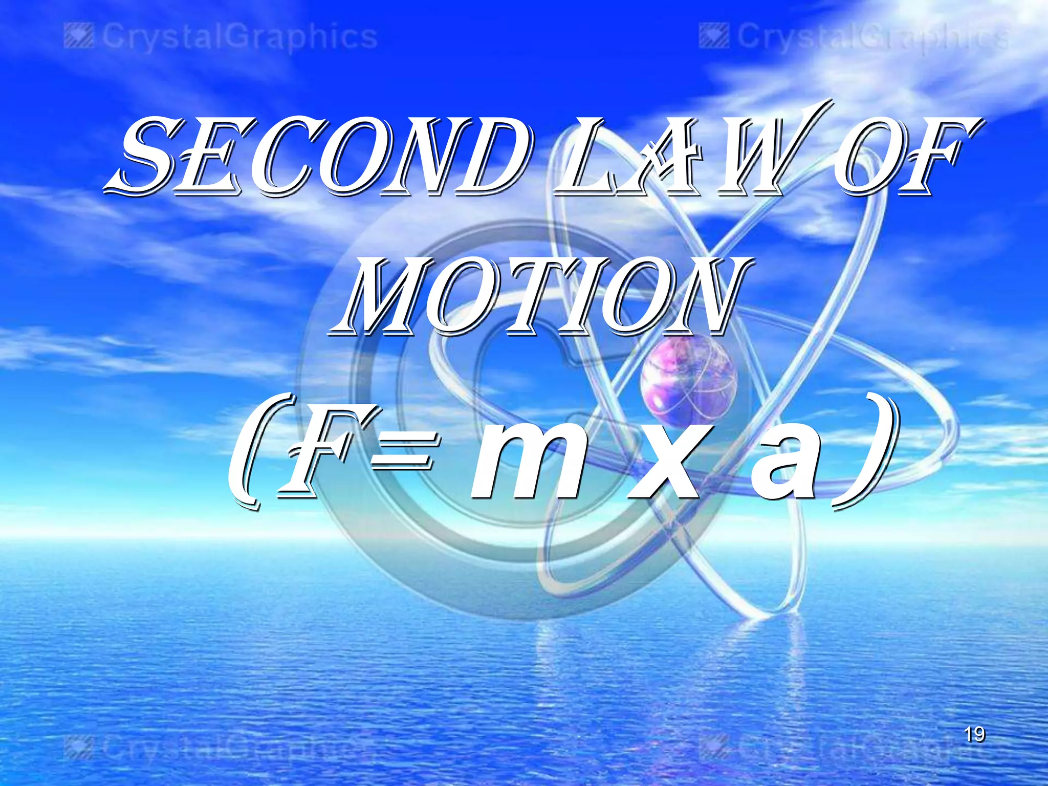 Second law of
motion
(F= m x a)
19
 