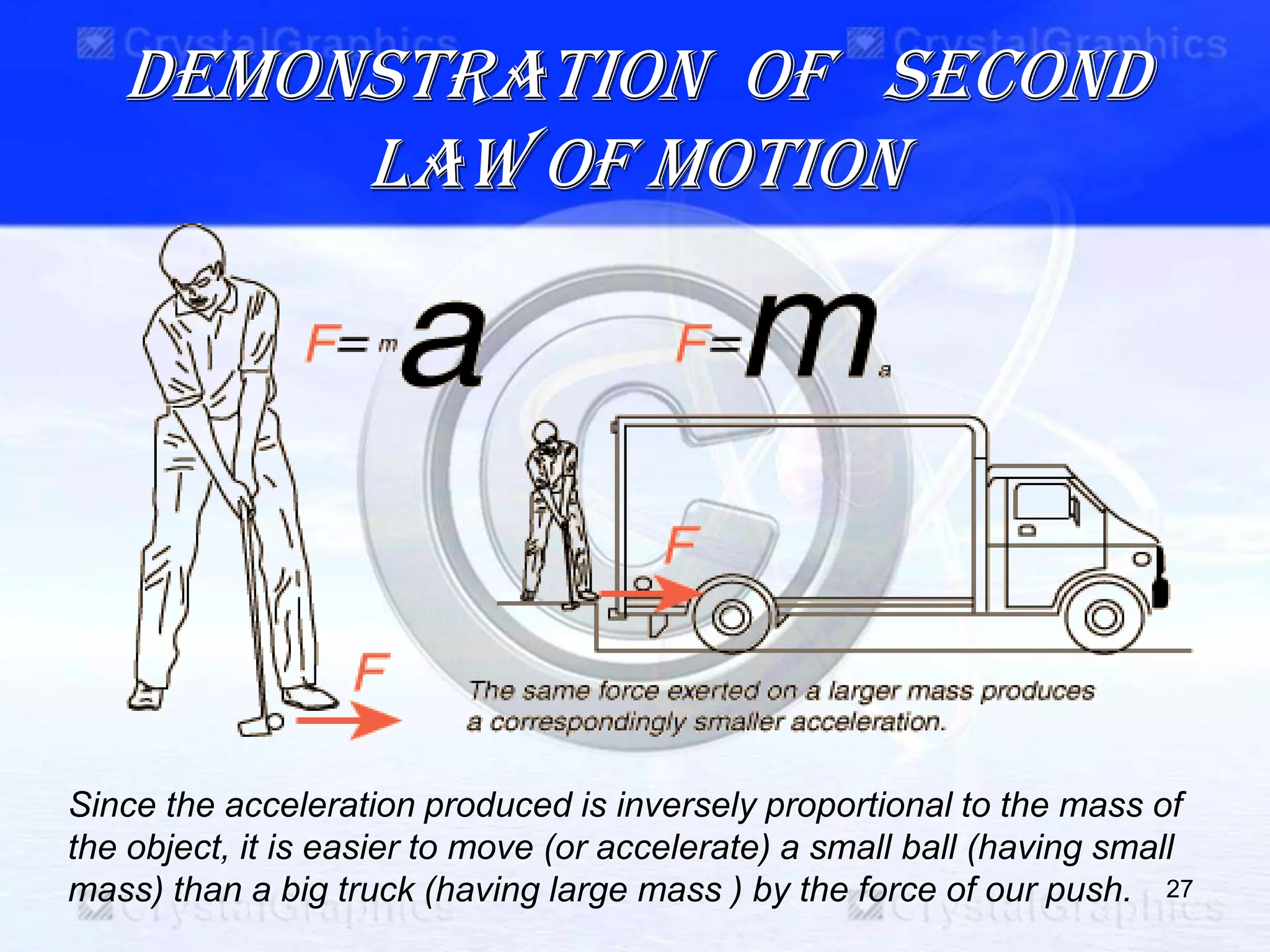 Demonstration of second
law of motion
27
Since the acceleration produced is inversely proportional to the mass of
the object, it is easier to move (or accelerate) a small ball (having small
mass) than a big truck (having large mass ) by the force of our push.
 