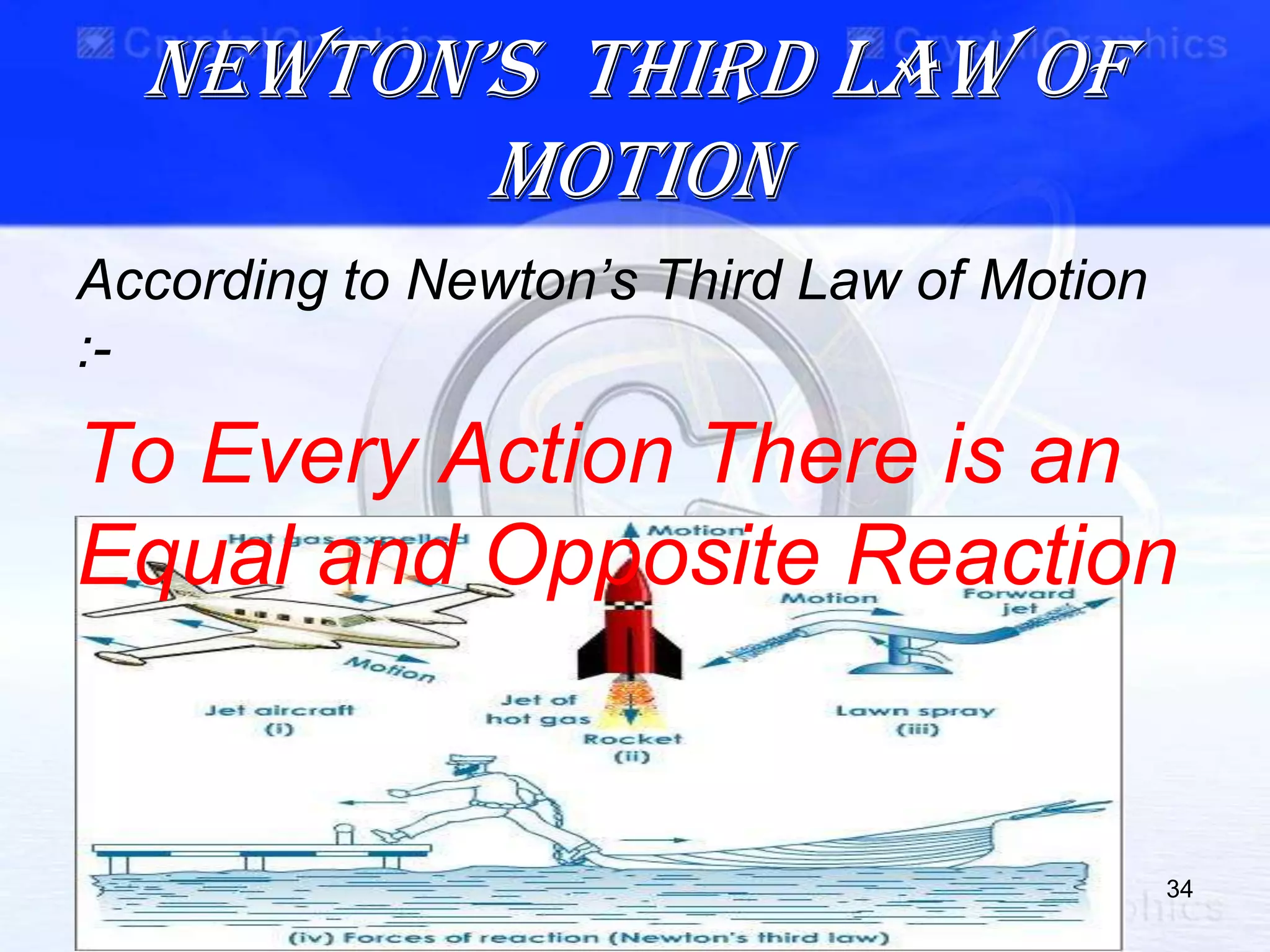 NewtON’s third Law Of
motion
According to Newton‟s Third Law of Motion
:-
To Every Action There is an
Equal and Opposite Reaction
34
 
