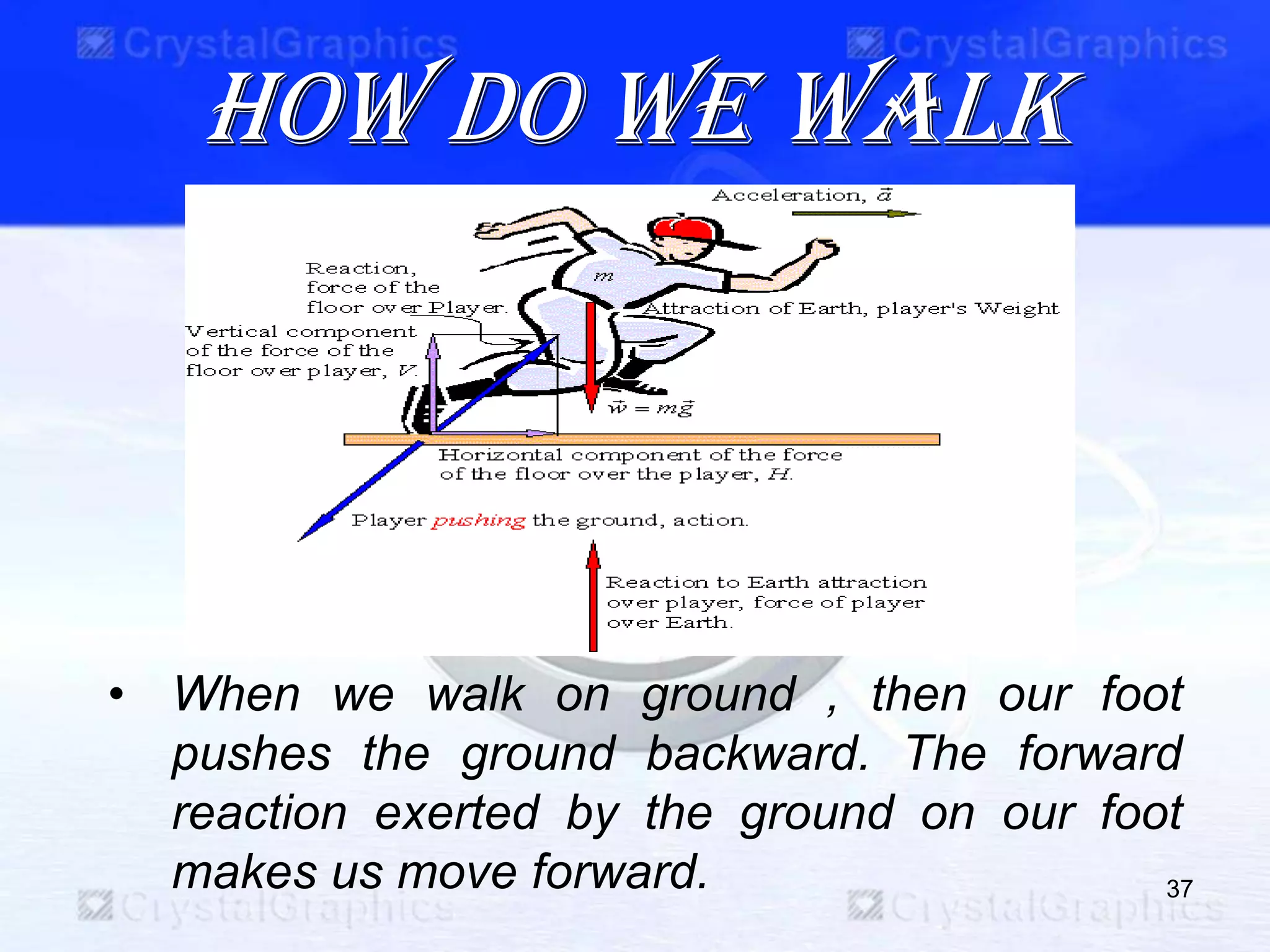 How Do We Walk
37
• When we walk on ground , then our foot
pushes the ground backward. The forward
reaction exerted by the ground on our foot
makes us move forward.
 