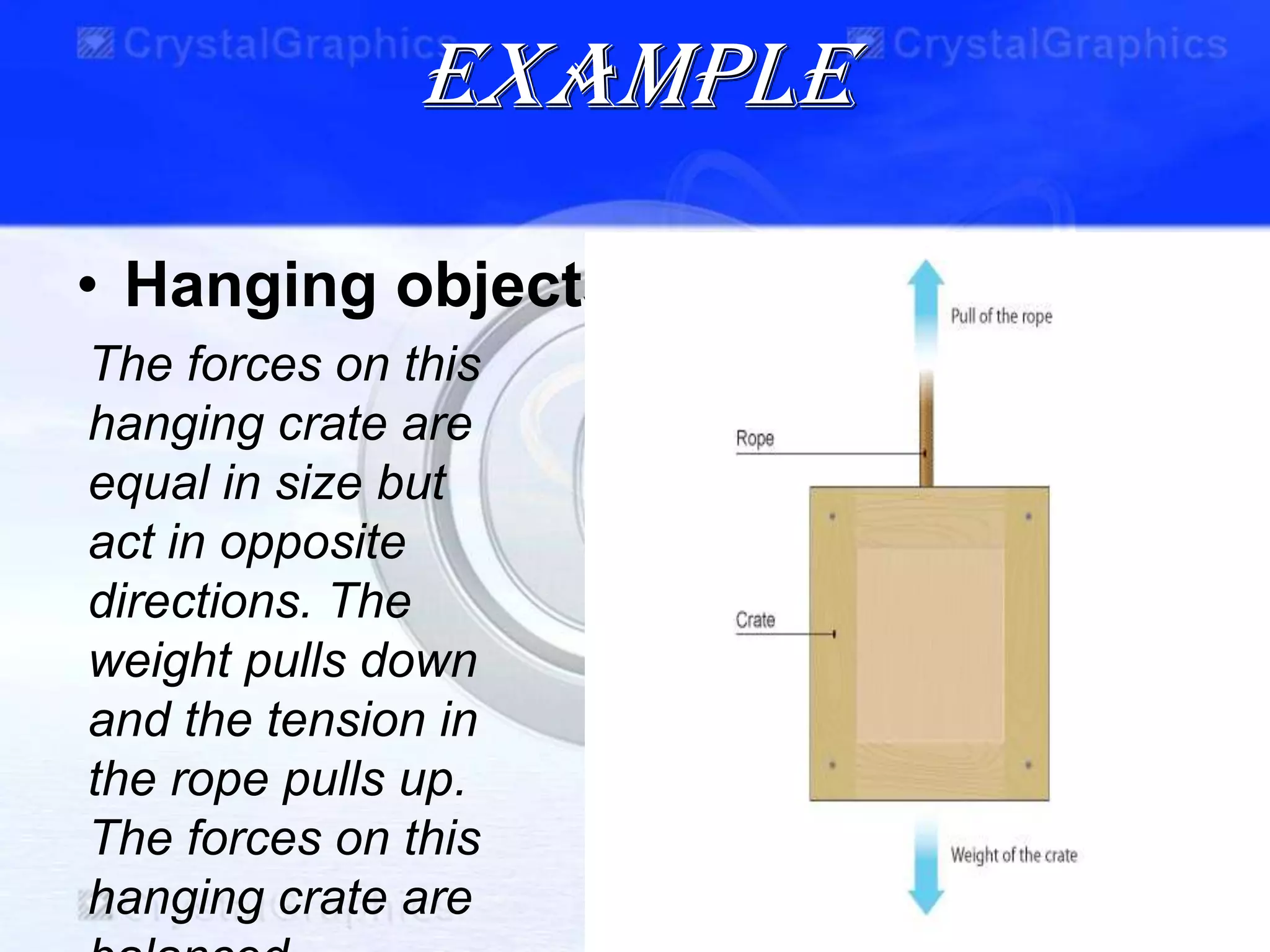 Example
• Hanging objects
4
The forces on this
hanging crate are
equal in size but
act in opposite
directions. The
weight pulls down
and the tension in
the rope pulls up.
The forces on this
hanging crate are
 