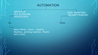 AUTOMATION
INDUSTRIAL
(PLC,SCADA,HMI,
VFD,RTO,DCS)
NON- INDUSTRIAL
(SECURITY PURPOSE)
USE
Water filling , titanic , robotics
Machine , printing machine , Panels
(HT,LT,PLC)
Uses
 
