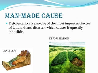 MAN-MADE CAUSE
 Deforestation is also one of the most important factor
of Uttarakhand disaster, which causes frequently
landslide.
LANDSLIDE
DEFORESTATION
 