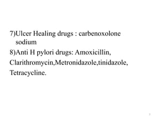 7)Ulcer Healing drugs : carbenoxolone
sodium
8)Anti H pylori drugs: Amoxicillin,
Clarithromycin,Metronidazole,tinidazole,
Tetracycline.
7
 