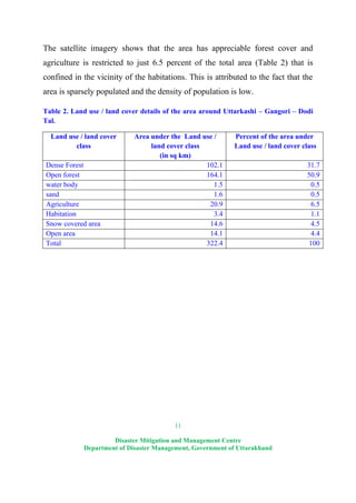 11
Disaster Mitigation and Management Centre
Department of Disaster Management, Government of Uttarakhand
The satellite imagery shows that the area has appreciable forest cover and
agriculture is restricted to just 6.5 percent of the total area (Table 2) that is
confined in the vicinity of the habitations. This is attributed to the fact that the
area is sparsely populated and the density of population is low.
Table 2. Land use / land cover details of the area around Uttarkashi – Gangori – Dodi
Tal.
Land use / land cover
class
Area under the Land use /
land cover class
(in sq km)
Percent of the area under
Land use / land cover class
Dense Forest 102.1 31.7
Open forest 164.1 50.9
water body 1.5 0.5
sand 1.6 0.5
Agriculture 20.9 6.5
Habitation 3.4 1.1
Snow covered area 14.6 4.5
Open area 14.1 4.4
Total 322.4 100
 
