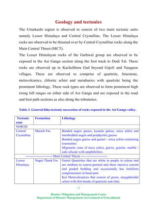 12
Disaster Mitigation and Management Centre
Department of Disaster Management, Government of Uttarakhand
Geology and tectonics
The Uttarkashi region is observed to consist of two main tectonic units
namely Lesser Himalaya and Central Crystalline. The Lesser Himalaya
rocks are observed to be thrusted over by Central Crystalline rocks along the
Main Central Thrust (MCT).
The Lesser Himalayan rocks of the Garhwal group are observed to be
exposed in the Asi Ganga section along the foot track to Dodi Tal. These
rocks are observed up to Kachchhora Gad beyond Gajoli and Naugaon
villages. These are observed to comprise of quartzite, limestone,
metavolcanics, chlorite schist and metabasics with quartzite being the
prominent lithology. These rock types are observed to form prominent high
rising hill ranges on either side of Asi Ganga and are exposed in the road
and foot path sections as also along the tributaries.
Table 3. General litho-tectonic succession of rocks exposed in the Asi Ganga valley.
Tectonic
zone
Formation Lithology
NORTH
Central
Crystalline
Martoli Fm. Banded augen gneiss, kyanite gneiss, mica schist and
interbedded augen and porphyritic gneiss.
Banded augen gneiss and garnet - mica schist containing
tourmaline.
Migmatite zone of mica schist, gneiss, granite, marble /
calc-silicate with amphibolites.
------------------------ Main Central Thrust ------------------------
Lesser
Himalaya
Nagni Thank Fm. Gamri Quartzites that are white to purple in colour and
are medium to coarse-grained and show massive current
and graded bedding and occasionally has lentiform
conglomerates in basal part.
Kot Metavolcanices that consist of green, amygdaloidal
schist with thin bands of quartzite and slate.
 