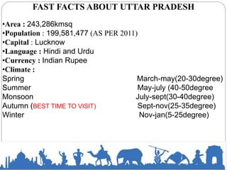 FAST FACTS ABOUT UTTAR PRADESH
•Area : 243,286kmsq
•Population : 199,581,477 (AS PER 2011)
•Capital : Lucknow
•Language : Hindi and Urdu
•Currency : Indian Rupee
•Climate :
Spring March-may(20-30degree)
Summer May-july (40-50degree
Monsoon July-sept(30-40degree)
Autumn (BEST TIME TO VISIT) Sept-nov(25-35degree)
Winter Nov-jan(5-25degree)
 